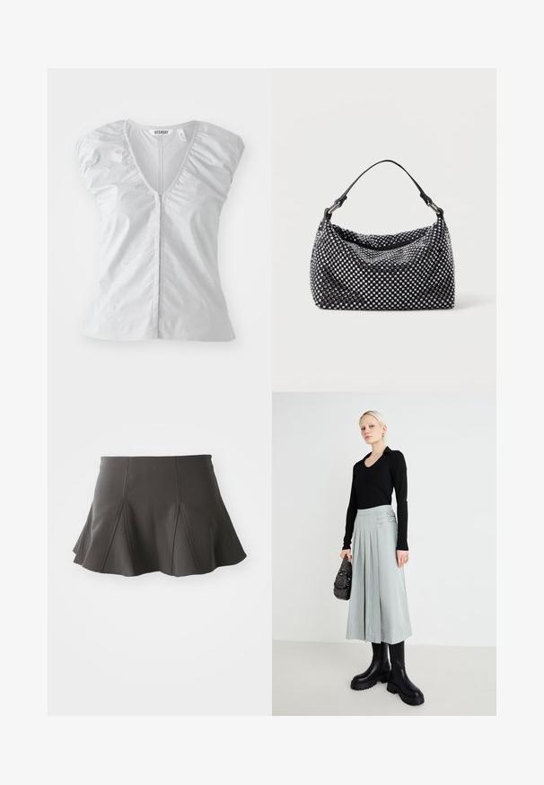 Lichtgrijze blouse met korte mouwen en een diepe V-hals. Heeft gathered schouderdetails en een rechte zoom, gemaakt van zachte, gladde stof.; Zwarte uitlopende rok met een getailleerde taille, voorzien van verticale naden en een gladde textuur. De zoom is licht gebogen en komt net boven de dijen.; Zwarte lange mouw top, lichtgrijze plissérok met dubbele gespsdetails, en zwarte schoenen met een dikke zool; zilveren handtas met versieringen.; Zwart en zilveren handtas met een geweven, gestructureerd oppervlak dat vierkante patronen bevat, een enkele bovenhandgreep en een slungelige vorm.