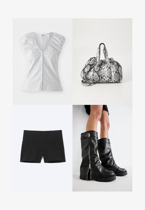 Lichtgrijze blouse met korte mouwen en een diepe V-hals. Heeft gathered schouderdetails en een rechte zoom, gemaakt van zachte, gladde stof.; Zwarte nauwsluitende sportshorts met een brede tailleband, ontworpen voor comfort en flexibiliteit.; Zwarte leren kniehoge laarzen met een brede schacht, voorzien van een zijrits en een gespaccent, met een gestructureerde afwerking en een chunky rubberen zool.; Zwart-wit handtas met slangenhuidpatroon, voorzien van twee handvaten, een trekkoordsluiting en een afneembare schouderriem. Hanteert een gladde textuur.