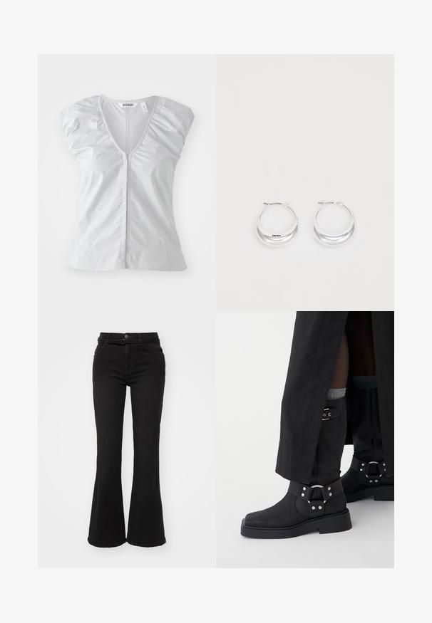 Blusa corta de manga corta en gris claro con un profundo escote en V. Presenta detalles de hombros fruncidos y un dobladillo recto, fabricada con un tejido suave y liso.; Vaqueros negros acampanados de cintura alta, confeccionados en tela de mezclilla. Cuentan con bolsillos delanteros, cierre de botón y una textura suave.; Botas negras hasta el tobillo hechas de cuero con un acabado mate, punta cuadrada y hebillas decorativas. La suela es gruesa y texturizada.; Pendientes de aro de plata con un acabado pulido y la marca DKNY, exhibidos sobre un fondo blanco liso.