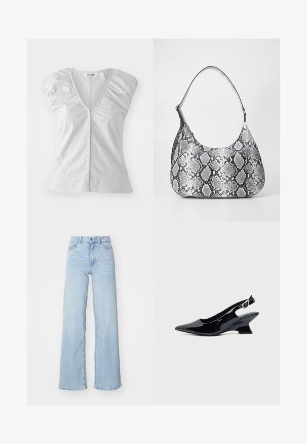 Blusa corta de manga corta en gris claro con un profundo escote en V. Presenta detalles de hombros fruncidos y un dobladillo recto, fabricada con un tejido suave y liso.; Jeans de mezclilla de pierna ancha en azul claro. Presentan una cintura alta, cierre delantero con botón y dos bolsillos. Textura suave con un leve desgaste.; Zapato slingback de cuero charol negro con puntera puntiaguda y tacón bajo en bloque inclinado sobre fondo claro liso.; Bolso de hombro con estampado de serpiente en blanco y negro, de forma redondeada, textura suave y correa curvada. Presenta un acento de hardware plateado.
