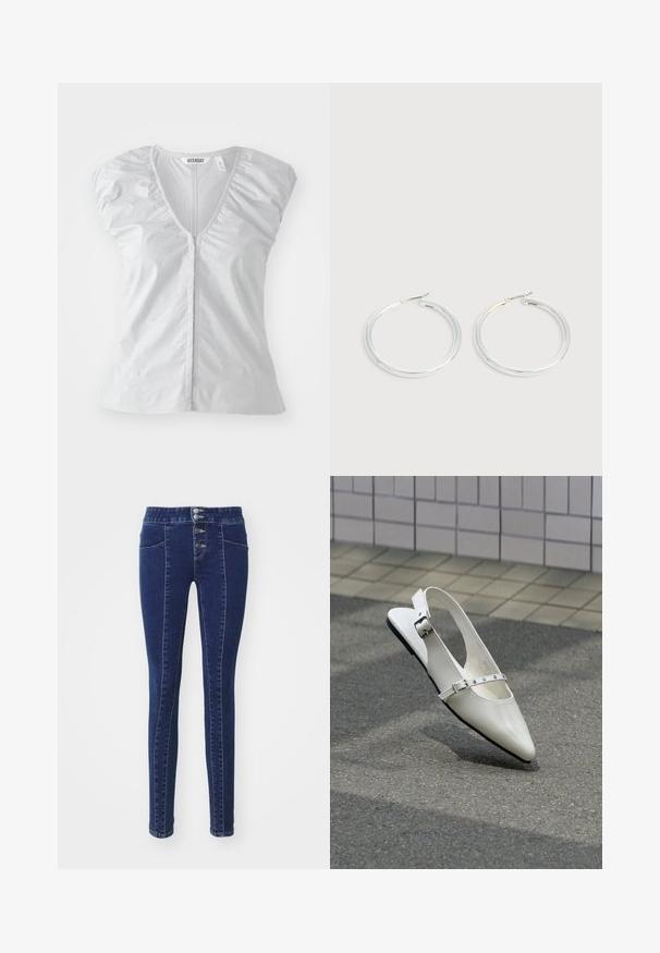 Blouse courte à manches courtes de couleur gris clair avec un décolleté en V profond. Dispose de détails froncés aux épaules et d'un ourlet droit, fabriquée à partir d'un tissu doux et lisse.; Jean en denim bleu foncé avec une taille haute, fermeture à cinq boutons, deux poches avant et une coupe slim. Texture douce.; Chaussure plate slingback blanche pointue avec deux boucles argentées, présentée en extérieur sur un sol texturé et un mur carrelé en arrière-plan.; Paire de boucles d'oreilles créoles argentées brillantes avec fermoirs en fil fin, présentée sur un fond gris clair.