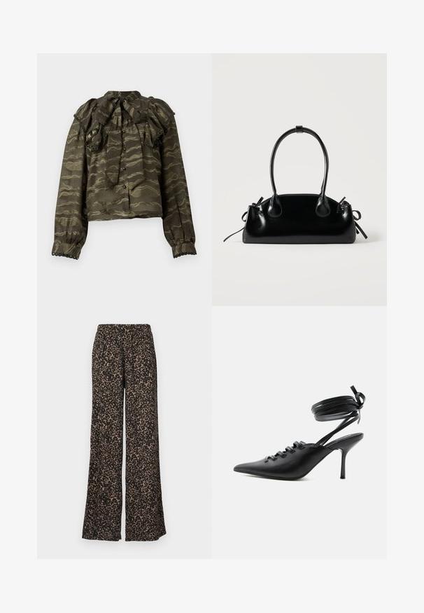 Mørkegrøn bluse med flæsekrave, lange ærmer og knaplukninger. Har bølgede guldmønstre og dekorative scalloped detaljer ved manchetterne.; Bukser med vide ben med leopardprint i jordfarver af brun og sort, lavet af et blødt, let stof med en elastisk talje.; Sort spids sko med høje hæle, snørelukning foran og omlægning omkring anklerne bundet med sløjfe, vist fra siden på hvid baggrund.; Lille sort blank håndtaske med to lange håndtag og snøre-detaljer i siden på en ensfarvet lys baggrund.