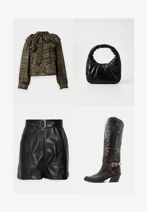 Donkergroene blouse met gerimpelde kraag, lange mouwen en knoopsluitingen. Bevat golvende gouden patronen en decoratieve gegolfde accenten bij de manchetten.; Zwarte leren shorts met een gladde textuur, hoge taille en een brede riem met een rechthoekige zilveren gesp. Geplooid ontwerp aan de voorkant.; Zwarte leren cowboylaars met decoratieve uitsnijdingen, zilveren gesp en schuine hak, weergegeven op een witte achtergrond.; Zwarte gevoerde handtas met een ronde handgreep, met een gladde, glanzende oppervlakte en een zachte, gewatteerde textuur. Geen zichtbare metalen onderdelen of accenten.