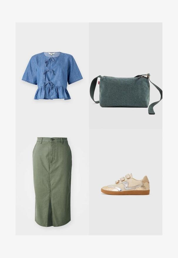 Blauwe denim blouse met korte mouwen, ronde hals, knoopsluiting aan de voorkant en een peplumzoom. Soepele textuur met een casual ontwerp.; Olijfgroene denim rok met een middenlange snit, voorkantsplit, traditionele taille met een knoopsluiting en gestikte details langs de naden.; Beige en gouden sneaker met een glad leren bovenwerk, zilveren accenten en drie klittenbandsluitingen. Rond rubberen zool, minimalistisch ontwerp.; Kleine rechthoekige denim schoudertas met een verstelbare donkergroene schouderriem en ritssluiting op een effen achtergrond.