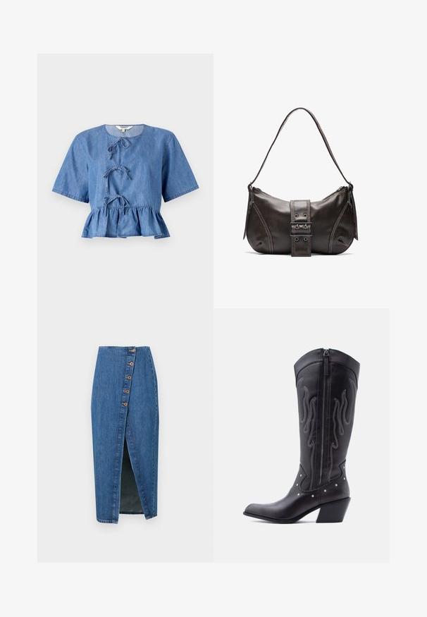 Blauwe denim blouse met korte mouwen, ronde hals, knoopsluiting aan de voorkant en een peplumzoom. Soepele textuur met een casual ontwerp.; Denim kokerrok in mediumblauw met een voornaad, voorzien van zes bronzen knopen langs de zijnaad. Soepele textuur en een aansluitend ontwerp.; Zwarte leren cowboylaarzen met een puntige neus, zichtbare stiksels, zilveren studaccenten en een ritssluiting aan de binnenkant.; Bruine leren schoudertas met een gebogen vorm, voorzien van een opvallende gespdetail, contrasterende stiksels en een enkele schouderband.
