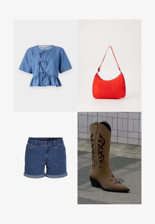Blusa de mezclilla azul con mangas cortas, cuello redondo, lazos en la parte delantera y un dobladillo peplum. Textura suave con un diseño casual.; Shorts de denim en azul oscuro con un corte clásico. Presenta dobladillos enrollados, dos bolsillos frontales y un cierre de botón. Textura suave.; Bota de vaquero de ante color topo con recortes decorativos y costuras marrón oscuro, sobre la acera frente a una pared con azulejos.; Bolso de mano de nylon rojo con una silueta curva, una sola correa, herrajes plateados y detalle de logo en relieve en la parte frontal. Textura suave.