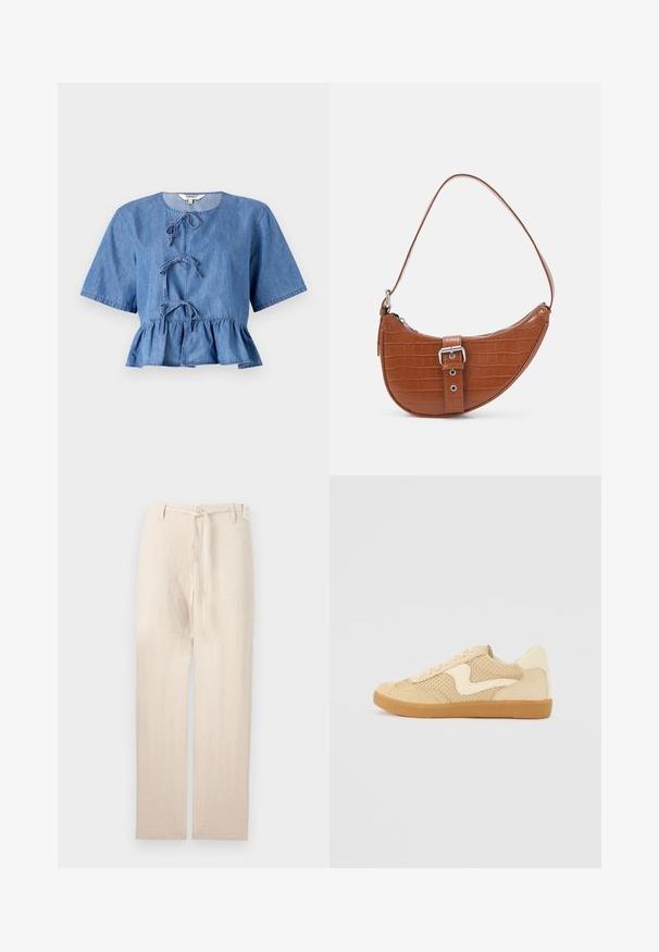 Blusa de mezclilla azul con mangas cortas, cuello redondo, lazos en la parte delantera y un dobladillo peplum. Textura suave con un diseño casual.; Pantalones de lino beige con un diseño de pierna recta, que presentan un cierre de botón y una corbata de tela en la cintura, ofreciendo una apariencia ligera y texturizada.; Zapatillas beige con materiales de ante y malla, forma redondeada, cuello acolchado prominente y suela de goma. Presenta un diseño en forma de ola como acento.; Vero Moda VMKYRA SHOULDER BAG - Bolso de mano - cognac