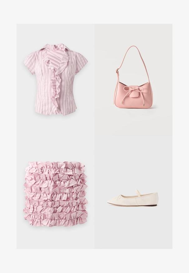 Blouse rose à manches courtes avec des rayures verticales foncées et un col volanté devant, présentée sur fond blanc.; Tissu froncé rose présentant plusieurs couches d'une texture douce et satinée avec des bords froncés. Forme rectangulaire avec une couleur riche et uniforme.; Ballerines en daim beige clair, bout pointu et fine bride élastique sur le dessus. Semelle plate avec un léger accent en caoutchouc.; Petit sac bandoulière rose pastel avec sangle réglable et détail nœud à l'avant avec extrémités dorées sur un fond uni.