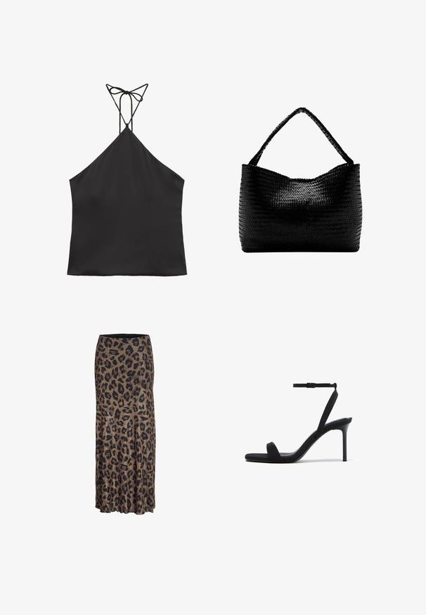 Čierny bezrukávový halter top s tenkými ramienkami viazanými na mašľu vzadu a rovný spodný lem.; Sukňa s leopardím vzorom v hnedej a čiernej farbe, s ležérnym dizajnom a jemným volánikovým lemom, vyrobená z ľahkej a mäkkej látky.; Čierna sandála na vysokom podpätku s tenkým remienkom okolo členka, štvorcovou špičkou a ihličkovým podpätkom na bielom pozadí.; Čierna tkaná kabelka s jediným pleteným uchom, obdĺžnikovým tvarom a lesklým textúrovaným povrchom.