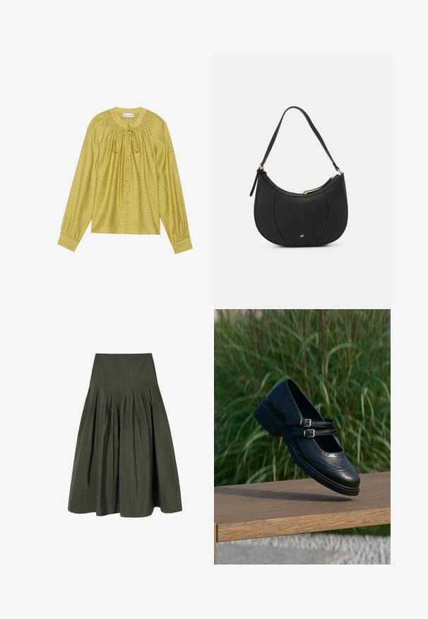 Blouse à manches longues en jaune clair avec un motif à carreaux texturé, encolure plissée, fermeture à nouer et détails de boutons sur le devant.; Jupe verte plissée en tissu léger. Dotée d'une taille cintrée et d'une silhouette évasée, avec une texture lisse.; Chaussure Mary Jane en cuir noir avec doubles brides bouclées et détails brogue, flottant au-dessus d'un banc en bois avec en arrière-plan de l'herbe verte.; Sac à main en cuir noir avec une forme courbée, surface texturée, coutures avant et un logo doré. Il est doté d'une seule sangle ajustable.