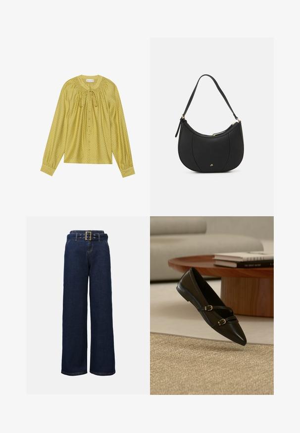 Blusa de manga larga en amarillo claro con patrón de cuadros texturizado, escote plisado, cierre de lazo y detalles de botones en la parte delantera.; Pantalones vaqueros de pierna ancha en azul oscuro con bolsillos cosidos y un cinturón a juego que presenta una gran hebilla rectangular dorada.; Zapato plano negro con puntera puntiaguda y dos delgadas correas con hebillas flotando sobre una alfombra beige, con una mesa de café de madera y libros al fondo.; Bolso de mano de cuero negro con forma curva, superficie texturizada, costuras frontales y un logo en tono dorado. Cuenta con una sola correa ajustable.