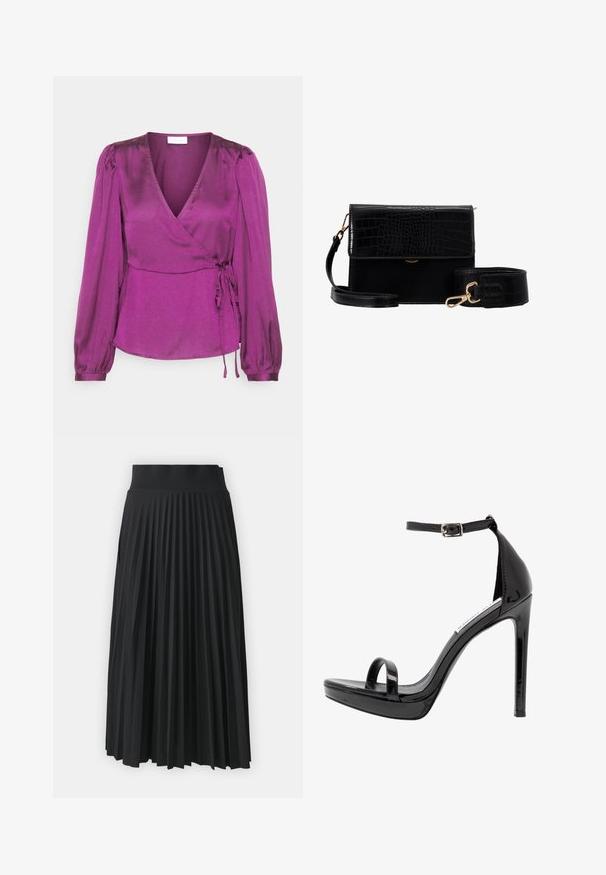 VILA Petite VISIRENE WRAP - Blusa - winter bloom; Falda negra con plisados y una cinturilla ancha, con pliegues verticales uniformes en toda su extensión. Textura suave con un diseño fluido.; Steve Madden MILANO - Sandalias de tacón - black; Bolso bandolera de faux cuero negro con textura de cocodrilo, herrajes dorados y una correa desmontable. Cuenta con un cierre de solapa y un compartimento interior.