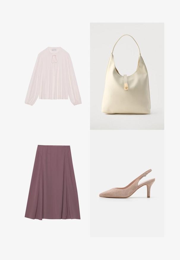 Blusa de manga larga rosa claro con cuello en forma de llave, lazo al cuello, parte delantera con pliegues y puños fruncidos. Tejido suave, corte relajado y diseño minimalista.; Una falda hasta la rodilla en un color malva apagado, hecha de una tela ligera con un diseño plisado y una textura suave. Sin cierres visibles.; Zapato de tacón alto tipo slingback en suave ante beige, con punta afilada, tacón delgado y correa ajustable en el tobillo con hebilla redonda.; Bolso hobo de cuero color crema con una sola correa para el hombro, textura suave y detalle de cierre metálico dorado en el frente.