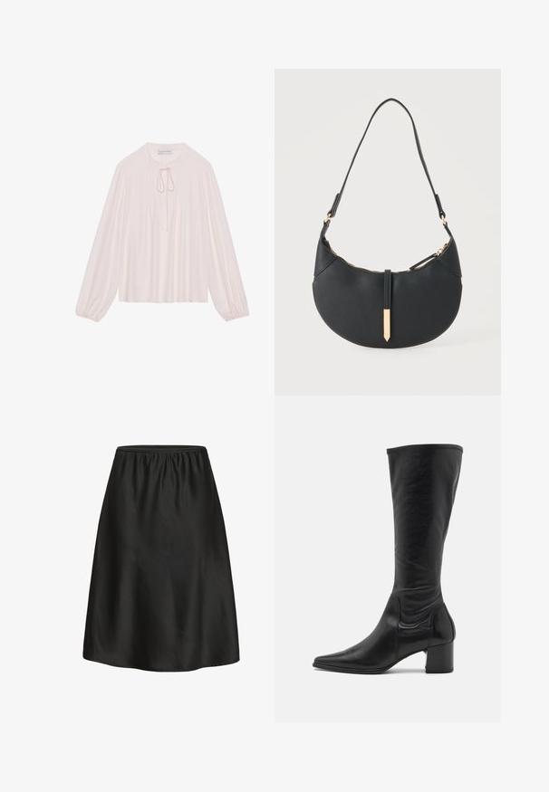 Blouse rose pâle à manches longues avec un nœud en keyhole, un devant plissé et des poignets froncés. Tissu lisse, coupe décontractée et design minimaliste.; Jupe noire trapèze avec une ceinture élastique, fabriquée en tissu lisse. L'ourlet est légèrement arrondi, offrant une coupe décontractée. Sans motifs ni accents.; Botte en cuir noire arrivant au genou avec un bout pointu, des détails de couture minimum et un talon carré épais. Texture lisse avec un fini brillant.; Sac à main noir en forme de croissant avec une bandoulière unique, une fermeture éclair dorée et une languette décorative rectangulaire dorée à l'avant.