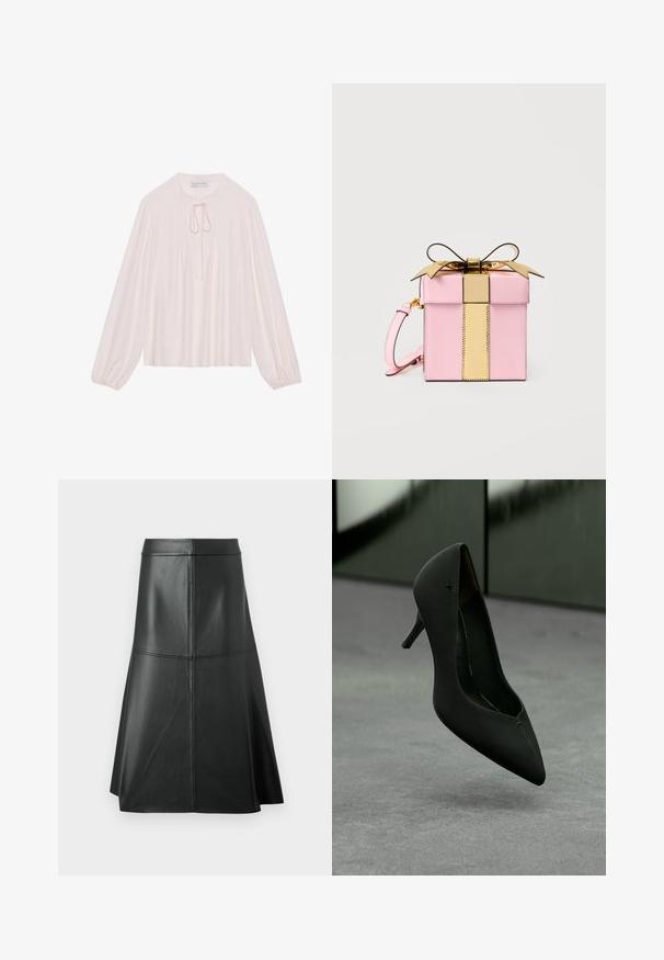 Lichtroze blouse met lange mouwen, een keyhole halslijn met strik, geplooide voorkant en bijeengebonden manchetten. Glad materiaal, losse pasvorm en minimalistisch ontwerp.; Zwarte leren A-lijn rok, met een gladde textuur, tot halverwege de kuit, met horizontale stikdetails in de taille en naden voor extra structuur.; Zwarte puntige hoge hak schoenen die boven een grijs tapijt zweven met een donkergroene muur op de achtergrond.; Klein roze handtasje in de vorm van een doosje met een glanzende gouden verticale band en een strik bovenop, voorzien van een roze polsbandje aan de zijkant.