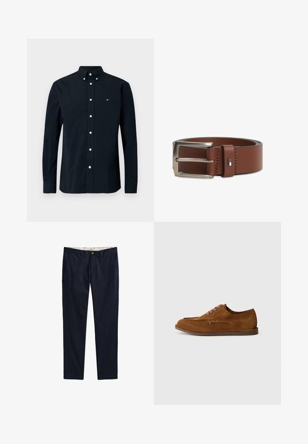 Chemise à manches longues bleu marine foncé avec col boutonné, dotée de boutons blancs et d'un petit logo tricolore sur la poitrine gauche. Tissu en coton.; Pantalon bleu marine à jambes droites avec poches latérales, passants de ceinture, fermeture à bouton et braguette zippée, présenté à plat sur fond blanc.; Chaussure en daim marron avec un bout arrondi, des coutures décoratives et six œillets de lacets contrastants. Semelle plate et design minimaliste.; Ceinture en cuir marron avec boucle en métal argenté et petit emblème rectangulaire aux couleurs rouge, blanc et noir sur la boucle de ceinture.