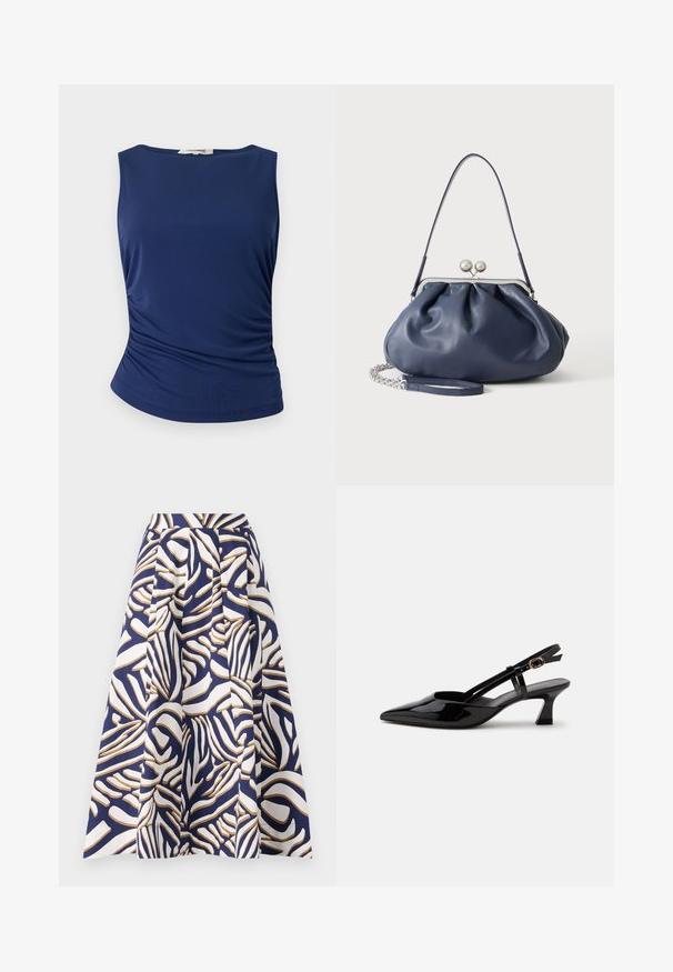 Marineblauw mouwloos topje van soepel, rekbaar materiaal. Heeft gathered zijdetails en een afgeronde zoom voor een aansluitende look.; Een knielange jurk van katoen met een marineblauwe achtergrond en gedurfde witte en gouden abstracte patronen; de geplooide ontwerp voegt volume toe.; Zwarte lakleren slingback kitten heel schoen met spitse neus en verstelbare gouden gespsluiting op een witte achtergrond.; Zachte navyblauwe leren handtas met zilveren sluiting, enkele schouderband en afneembare ketting polsband op witte achtergrond.