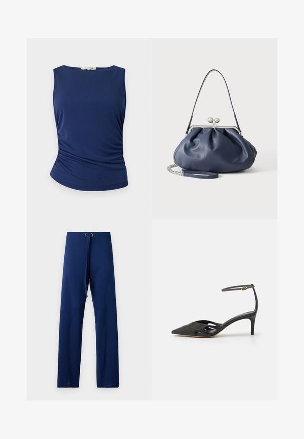 Mørkeblå ærmeløs top lavet af glat, strækbart stof. Har samlede sideløsninger og en rund kant for et tætsiddende look.; Mørkeblå bukser med en løs pasform, lavet af glat stof. Har en justerbar talje med snor og øjer i guldfarve til tilpasning.; Sort læder højhælet sko med spids tå, åbne sider og en tynd ankelrem med en lille guld detalje.; Blød navyblå læderhåndtaske med sølv lukning, enkelt skulderrem og aftagelig kæde til håndleddet på hvid baggrund.