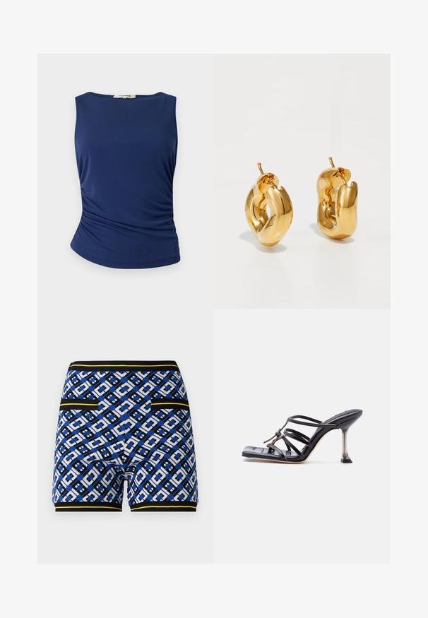Top sin mangas de color azul marino, hecho de una tela suave y elástica. Presenta detalles de fruncido en los laterales y un dobladillo redondeado para un ajuste ceñido.; Bermudas tejidas con un diseño geométrico en azul, negro y blanco, con acentos amarillos en contraste y bolsillos en los laterales.; Sandalia negra de tacón alto con tiras, punta cuadrada y tacón de aguja delgado, con tiras superpuestas y un detalle anudado en la parte superior.; Pendientes de aro grueso en oro con un diseño tubular ligeramente retorcido y cierre de presión, sobre un fondo blanco.