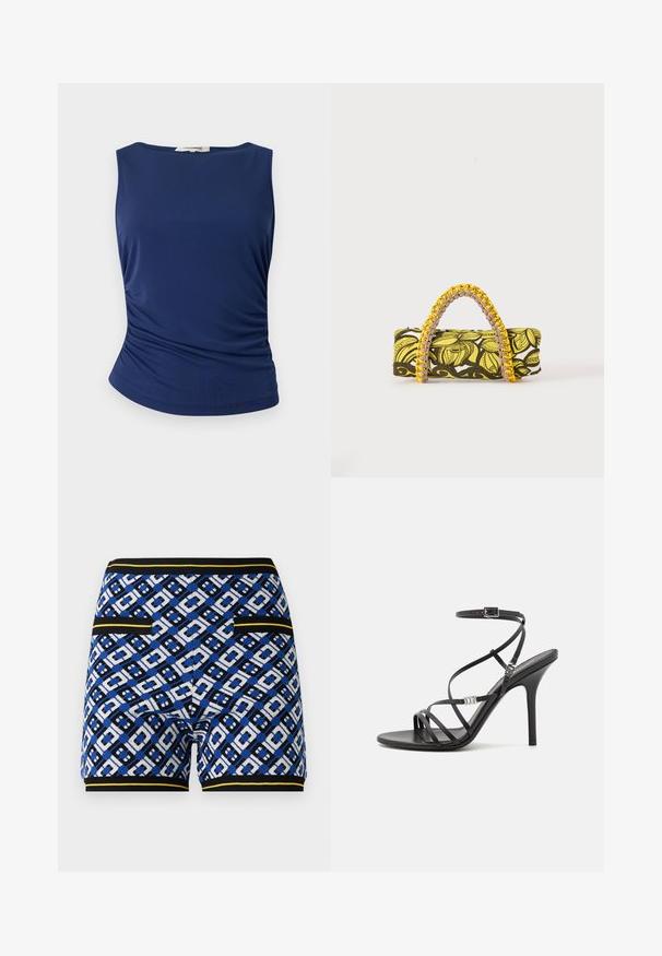 Haut sans manches bleu marine en tissu lisse et extensible. Présente des détails froncés sur les côtés et un ourlet arrondi pour une silhouette ajustée.; Shorts en tricot à motifs présentant un design géométrique bleu, noir et blanc, avec des accents jaunes contrastés et des poches sur les côtés.; Sandale noire à talons hauts avec des brides fines, une boucle à la cheville, une surface en cuir lisse et un talon aiguille élancé.; Sac rectangulaire avec motif floral jaune et noir et anse tressée jaune et rose sur fond blanc.