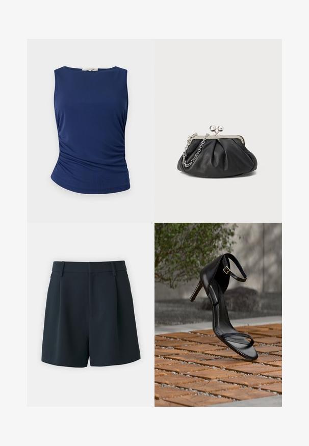 Haut sans manches bleu marine en tissu lisse et extensible. Présente des détails froncés sur les côtés et un ourlet arrondi pour une silhouette ajustée.; Good American LUXE SUITING TROUSER - Short - dunkelblau; Sandale noire à talon haut avec sangle à la cheville, suspendue au-dessus d'un sol en carreaux de bois à l'extérieur, avec un arrière-plan flou de verdure et de pierre.; Porte-monnaie en cuir noir avec texture froncée, cadre en métal argenté, fermeture à verrouillage kiss-lock et bandoulière en chaîne. Surface lisse et douce.