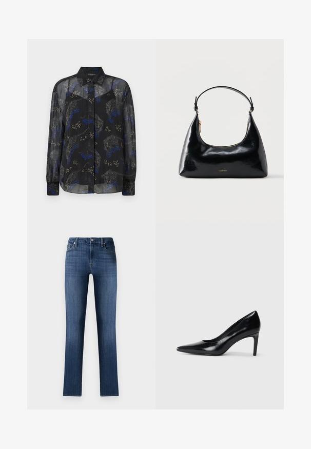 Gennemsigtig sort bluse med blomstermotiv og dyreprint i blå, grå og beige, med en klassisk krave og knaplukning foran. Lange ærmer med manchetter.; Mørkeblå denimjeans med lige pasform, klassisk fem-lomme design, frontknaplukning og subtilt slid, der giver en brugt effekt.; Sort læder højhælede sko med spids tå, glat tekstur og en taperet hæl. Minimalistisk design uden yderligere udsmykninger.; Sort blank Calvin Klein håndtaske med gyldent lynlås og kort rem mod en ensfarvet hvid baggrund.