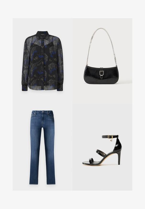 Gennemsigtig sort bluse med blomstermotiv og dyreprint i blå, grå og beige, med en klassisk krave og knaplukning foran. Lange ærmer med manchetter.; Mørkeblå denimjeans med lige pasform, klassisk fem-lomme design, frontknaplukning og subtilt slid, der giver en brugt effekt.; Sorte patenterede lædersandaler med tre stropper, ankelspænde og 10 cm stiletthæl. Har detaljer i guld og et logo charms.; Sort skuldertaske i laklæder med sølv spænde og sølv kæderem, vist mod en ensartet lys baggrund.