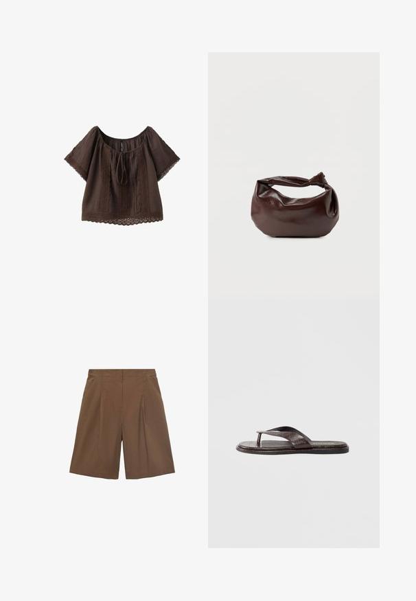 Blusa marrón de manga corta con ribete de encaje en las mangas y el dobladillo, lazo delantero en el escote ancho y detalles verticales de encaje en el panel frontal.; Pantalones cortos marrones a medida con un frente plano, pliegues y bolsillos laterales. Fabricados con una tela ligera, ofrecen un ajuste relajado y bordes rematados.; Chancla marrón de cuero con un patrón texturizado de cocodrilo. Cuenta con una correa contorneada y una suela plana para un diseño minimalista.; Bolso de hombro de cuero marrón oscuro con una forma suave y caída, y un asa con nudo torcido sobre un fondo blanco liso.