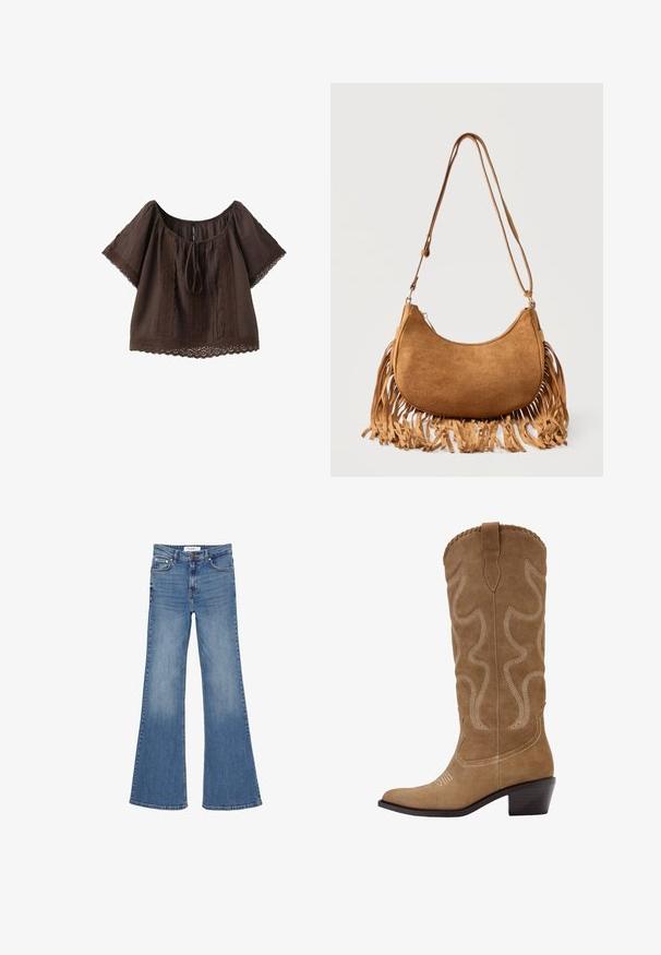 Blouse marron à manches courtes avec bordure en dentelle sur les manches et l'ourlet, lien à l'avant sur le large décolleté et détails en dentelle verticale sur le panneau avant.; Jean en denim bleu taille haute avec jambes évasées, fermeture par bouton et zip, poches avant et arrière, présenté sur un fond blanc.; Botte cowboy en daim marron mi-mollet avec des coutures décoratives blanches et un talon bloc empilé.; Sac d'épaule en daim marron en forme de croissant avec une longue bandoulière et des franges le long des bords inférieurs sur fond blanc.
