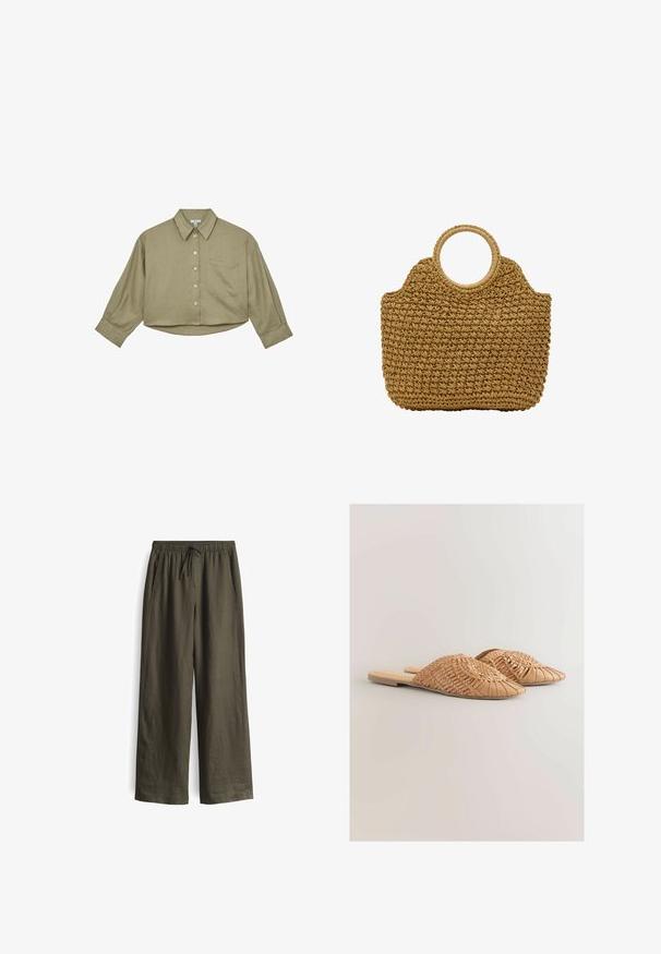 Olijfgroene cropped blouse met knopen, lange mouwen, borstzak en een klassieke kraag.; Olijfgroene, losse broek met een elastische tailleband en trekkoord, voorzien van zijzakken en een lichtgewicht, gestructureerde stof.; Geweven leren slidesandalen in lichtbruin, met een oversized geweven bovenkant en een platte zool. De spitse neus zorgt voor een strakke uitstraling.; Geweven strohandtas in tan met een ronde bovenhandgreep. Beschikt over een textuur, intricaat ontwerp en een gestructureerde silhouet.