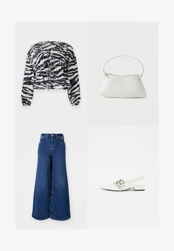 Blusa recortada en estampado de cebra blanco y azul marino, con diseño fruncido, mangas largas y detalles de cordón en la parte delantera y la cintura.; Vaqueros de pierna ancha en denim azul oscuro, con una cintura alta, cierre de botón en la parte delantera y dos bolsillos frontales. Textura suave con costuras mínimas.; Zapato de piel blanca tipo slingback con punta afilada, detalles de hebilla plateada y un tacón bajo cuadrado. Textura suave con un diseño minimalista.; Bolso de mano de cuero blanco tejido con asa redondeada y extremos de la correa anudados, exhibido sobre un fondo liso.