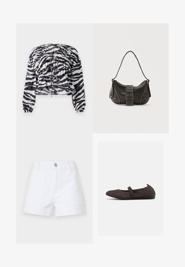 Valge ja tumesinise zebra mustriga lühendatud pluus, millel on volditud disain, pikad varrukad ja paelad esitise ning vöökoha juures.; Valged denim lühikesed püksid kõrge vöökohaga, kahe esitasku ja hõbedase nööbiga sulgemisega. Sirge jala lõige koos üles keeratud äärtega.; Pruun baleriinaking elastse paelaga ja ümarate varvastega, valgel taustal, külgvaates.; Mustast nahast õlakott pandlanööriga detailiga, kõverate servade ja kontrastse valge õmblusega tavalise tausta peal.