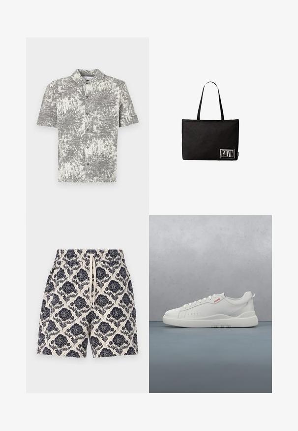 Camisa de manga corta con botones y un patrón abstracto en blanco y negro. Cuenta con cuello y botones delanteros, confeccionada en una tela ligera.; Pantalones cortos impresos en crema con un diseño floral en azul marino, que cuentan con una cinturilla elástica y cordón, hechos de tela ligera.; Zapatilla blanca con un acabado de cuero liso, punta redonda, cuatro ojales, perforaciones sutiles y un detalle de logo rojo en el lateral.; Bolsa tote rectangular negra con dos asas delgadas y una etiqueta blanca con la inscripción "CALVIN" en la esquina inferior derecha.