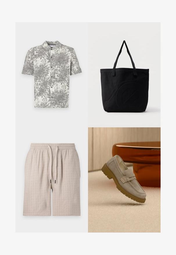 Chemise à manches courtes avec motif abstrait noir et blanc. Comprend un col et des boutons sur le devant, fabriquée en tissu léger.; Shorts beige texturés avec une taille élastique et un cordon de serrage. Présentent un subtil motif en carreaux et une coupe ample. Aucune poche visible.; Mocassin en daim gris clair avec une semelle en caoutchouc marron épaisse, posé sur un tapis beige devant une table ronde marron floue.; Sac fourre-tout en toile noire avec deux bandoulières et un motif circulaire discret en relief sur le devant.