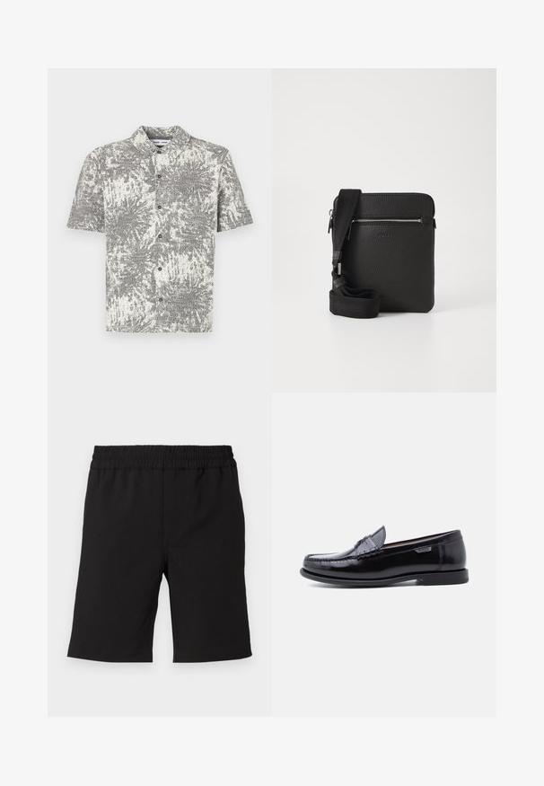 Chemise à manches courtes avec motif abstrait noir et blanc. Comprend un col et des boutons sur le devant, fabriquée en tissu léger.; Shorts noirs en tissu confortable avec une taille élastique. Design simple, coupe droite, adaptés pour un usage décontracté.; Mocassins en cuir noir avec une finition brillante, présentant un motif cousu sur l'avant-pied et une semelle en caoutchouc noire texturée et basse.; Sac à bandoulière en cuir noir avec une surface texturée, poche avant zippée et une sangle en tissu réglable. Design simple et carré.