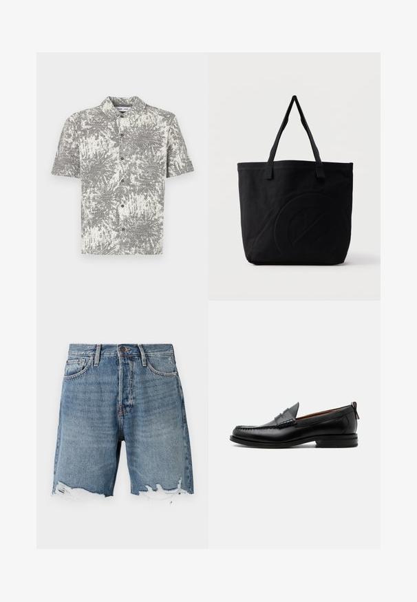 Kortærmet skjorte med knapper foran i sort og hvidt abstrakt mønster. Har krave og frontknapper, lavet af let stof.; Lys blå denimshorts med en slidt kant, fem-lomme design og synlig syning. Har en knaplukning i taljen.; Sort læder herre loafer med moc-tå syning, penny strop, struktureret krave og lav stablet hæl på hvid baggrund.; Sort canvas-tote-taske med to skulderstropper og et diskret præget cirkeldesign på fronten.