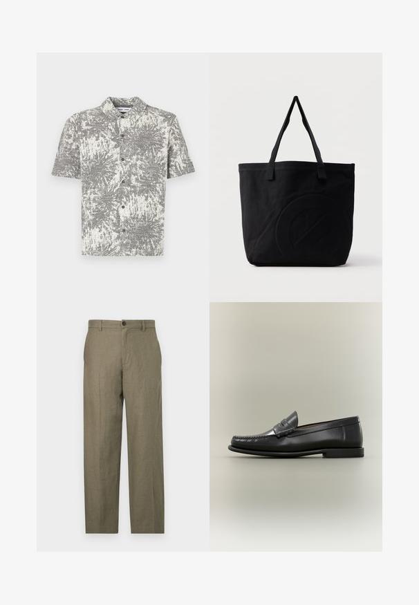Chemise à manches courtes avec motif abstrait noir et blanc. Comprend un col et des boutons sur le devant, fabriquée en tissu léger.; Pantalons en mélange de lin vert olive avec une coupe droite, poches avant, fermeture par un bouton simple et une texture lisse.; Mocassin pour homme en cuir noir avec un design moc-toe, une lanière à monnaie et un talon bas sur un fond neutre.; Sac fourre-tout en toile noire avec deux bandoulières et un motif circulaire discret en relief sur le devant.