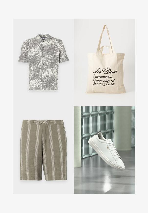 Camisa de manga corta con botones y un patrón abstracto en blanco y negro. Cuenta con cuello y botones delanteros, confeccionada en una tela ligera.; Pantalones cortos verdes de tela texturizada, con rayas blancas verticales, una cinturilla ajustable con cordón y bolsillos laterales inclinados.; Zapatilla deportiva de piel blanca de corte bajo con cordones, lengüeta negra en el talón y logo "BOSS", flotando en interiores cerca de una pared de bloques de vidrio y suelo pulido.; Bolsa de algodón beige con dos asas resistentes. Presenta un texto impreso en negro: "Les Deux International Community & Sporting Goods."