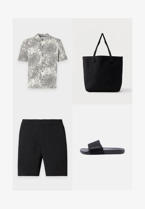 Chemise à manches courtes avec motif abstrait noir et blanc. Comprend un col et des boutons sur le devant, fabriquée en tissu léger.; Shorts mi-longs pour hommes noirs avec taille élastique, fermeture par bouton et poches latérales, présentés sur un fond uni.; Sandale slide noire Calvin Klein avec bride réglable et logo sur la semelle intérieure et le côté de la semelle, vue de profil sur fond uni.; Sac fourre-tout en toile noire avec deux bandoulières et un motif circulaire discret en relief sur le devant.