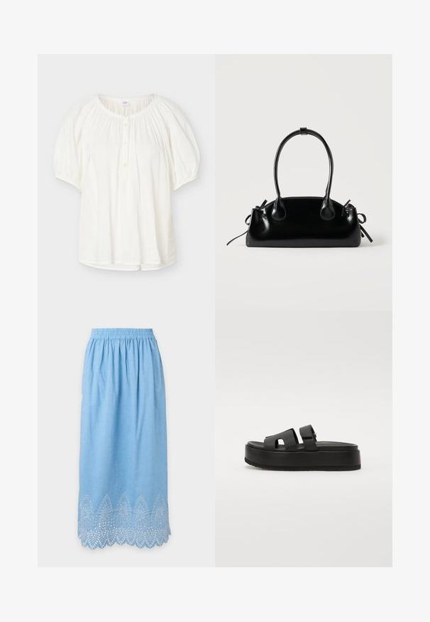 Blouse blanche à manches courtes avec manches bouffantes élastiquées, encolure ronde, patte de boutonnage devant et détails en tissu doux froncé.; Jupe bleu clair, longueur genou, avec taille élastique et ourlet festonné blanc brodé d'un motif décoratif.; Sandales à plateforme noires avec deux larges brides, en matériau lisse. Présentent une semelle épaisse avec un dessous texturé pour l'adhérence.; Petit sac à main noir brillant avec deux longues anses et des détails à cordon sur les côtés sur un fond clair uni.