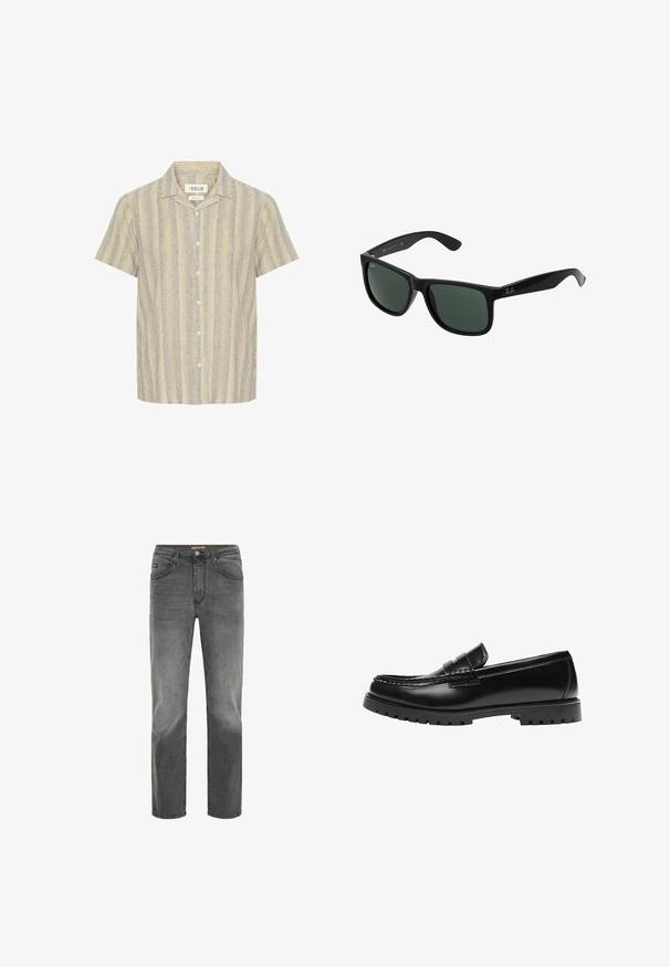 Chemise à col à manches courtes en rayures verticales bleu clair et jaune. Fabriquée en tissu avec une finition texturée, dotée de cinq boutons et d'une coupe décontractée.; Jean droit pour homme en denim noir délavé, avec fermeture à bouton et à zip, poches avant et arrière, et passants de ceinture.; Mocassin en cuir noir avec une semelle en caoutchouc épaisse et un détail classique de bride à monnaie, vu de côté extérieur.; Lunettes de soleil en plastique noir avec des verres verts, présentant une monture carrée, une finition lisse et le logo Ray-Ban bien visible sur les branches.