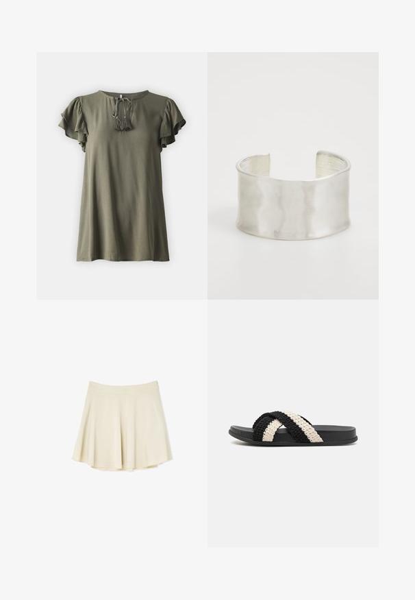 Top verde oliva con mangas con volantes, escote redondo y un lazo con borlas en el frente. Hecho de una tela texturizada y ligera.; Falda acampanada de color beige claro con una textura suave y una cinturilla elástica. Diseñada con una forma simple y clásica, sin patrones visibles.; Sandal de tira plana de caucho, tejido en negro y crema, con dos tiras trenzadas cruzadas hechas de un material suave y texturizado.; Zign Pulsera - silver-coloured
