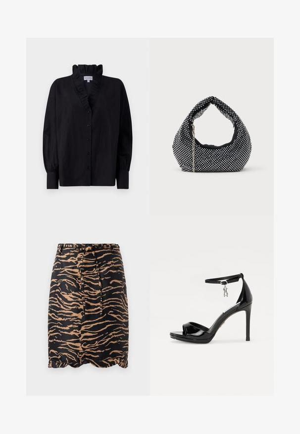 Schwarze Bluse mit rüschigem Kragen und langen, puffartigen Ärmeln. Verfügt über eine durchgehende Knopfleiste und einen lässigen Schnitt aus einem glatten Stoff.; Schwarzer und brauner, tigerstreifiger Rock aus glattem Stoff, mit einem Bindeband in der Taille und einem gewellten Saumdesign.; Schwarze Lackleder-Pumps mit offenen Zehen, Knöchelriemen und einem silbernen Charme-Akzent. Verfügt über ein schlankes, modernes Design.; Schwarze Netz-Handtasche verziert mit silbernen Nieten, mit einem gebogenen Griff und einem Kettenriemen. Weiche Textur mit runder Form.