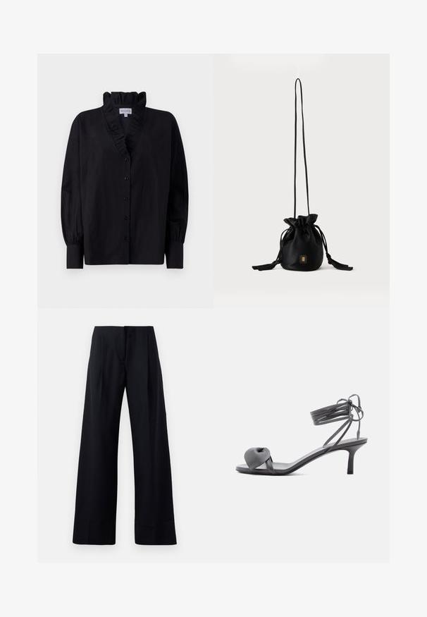 Schwarze Bluse mit rüschigem Kragen und langen, puffartigen Ärmeln. Verfügt über eine durchgehende Knopfleiste und einen lässigen Schnitt aus einem glatten Stoff.; Schwarze, gestreifte Hose mit weitem Bein, die scharfe Falten und einen sauberen Abschluss aufweist. Hergestellt aus einem glatten, leichten Stoff.; Graue Leder-Pumps mit Absatz, verknotetem Riemen über den Zehen und Wickelriemen um den Knöchel auf schlankem, mittelhohem Absatz vor weißem Hintergrund.; Schwarze Bucket Bag mit Kordelzug, langem dünnem Riemen und kleinem goldenem quadratischem Logo vorne, vor einfachem Hintergrund präsentiert.