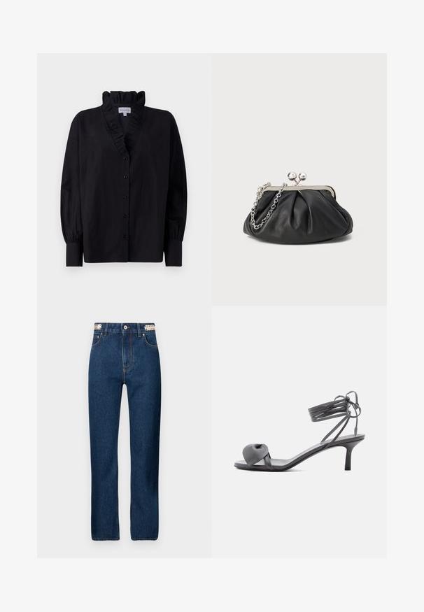 Sort bluse med rynket krave og lange, pufferede ærmer. Har en knaplukning foran og en løs pasform i et glat stof.; Rabanne Jeans Straight Leg - dark blue denim; Grå læder sandal med hæl, knyttet rem ved tæerne og snørebånd, der vikles om anklen, på slank mellemhøj hæl mod hvid baggrund.; Sort læder clutch med samlet tekstur, sølvfarvet metalramme, kys-lås lukning og kædestrop. Glat, blød overflade.