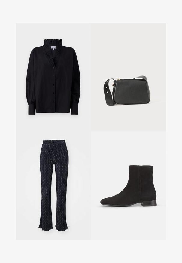 Musta pusero, jossa on röyhelökaulus ja pitkät puffihihat. Sisältää napitusetupuolen ja löysän istuvuuden sileässä kankaassa.; Laivastonsiniset housut, joissa on pinstripe-kuvio ja pieniä pyöreitä kuvioita. Laajeneva lahje, joustava vyötärö ja pleatattu pinta.; Mustat röyhelösaappaat, joissa on terävä kärki ja matala paljaalohko korko. Sileä pinta, minimaalinen ompelu ja sivuvetoketjudeetti.; Musta nahkainen olkalaukku, jossa on suorakulmainen muoto, teksturoitu pinta, kultaiset yksityiskohdat ja säädettävä hihna, jossa on leikattuja yksityiskohtia.