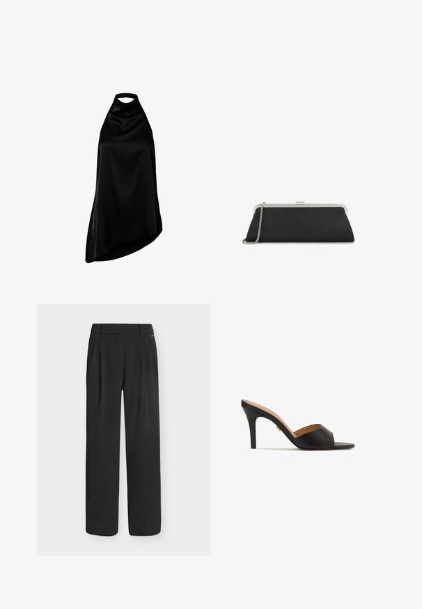 Robe noire en satin à col halter avec un ourlet asymétrique, sans manches et un col montant avec fermeture à nouer dans le dos.; Pantalon noir taille haute à jambes larges avec passants de ceinture et plis devant, présenté sur un fond blanc uni.; Mules noires à talons hauts ouverts, avec une tige en cuir lisse, un devant en forme d'amande et un élégant talon aiguille. Détails en accent doré visibles.; Longue pochette noire avec cadre métallique argenté et bandoulière chaîne posée sur un fond blanc.