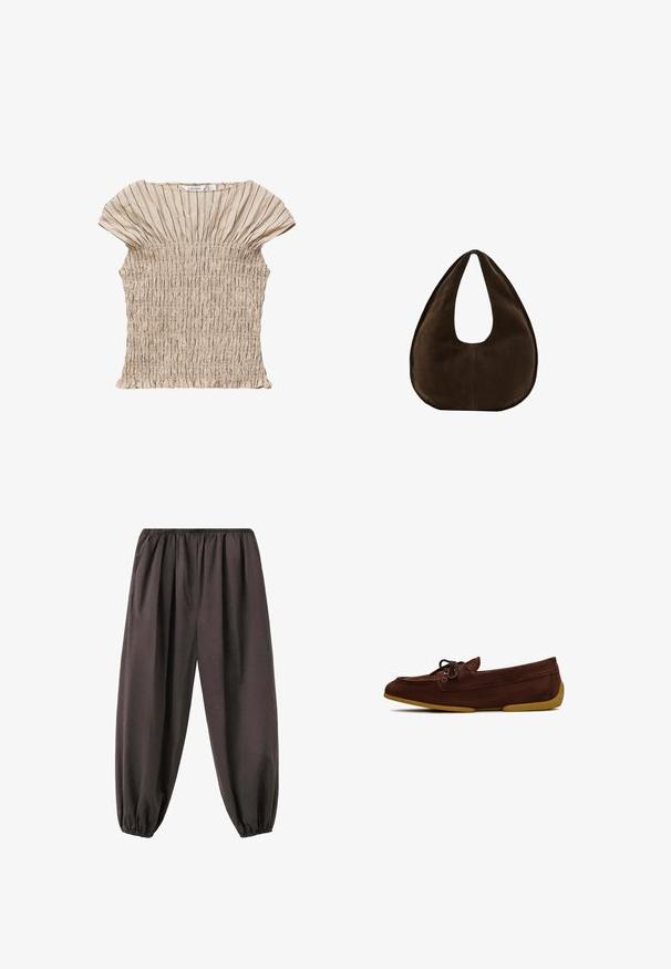 Blouse beige à manches courtes avec des rayures verticales noires et un détail élastique smocké sur le corps et les manches.; Pantalon ample marron foncé avec taille et poignets élastiques, en tissu doux, conçu pour le confort et un port décontracté.; Mocassins en suede marron avec un bout rond, des détails en lacets et une semelle en caoutchouc jaune flexible. Design simple et sans embellissement.; Sac à main en daim marron foncé en forme de croissant avec une seule sangle large et une texture lisse sur fond blanc.