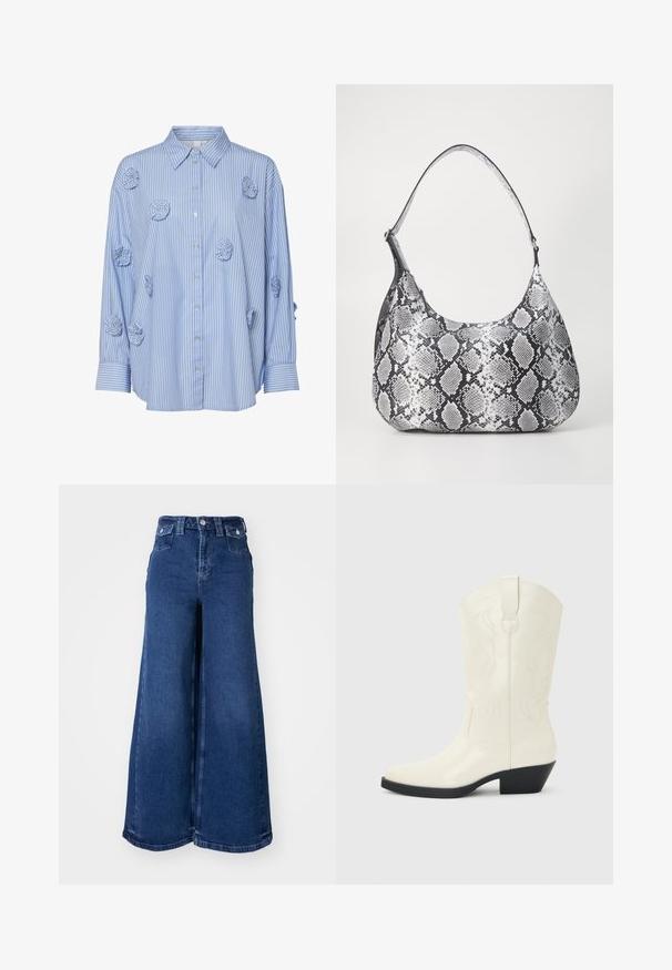Blå og hvid stribet skjorte med krave, prydet med stofrosen applikationer og lange ærmer, lavet af let bomuldsstof.; Bredde ben jeans i mørkeblå denim, der har høj talje, frontlukning med knap og to forlommer. Glat tekstur med minimal syning.; Hvid western-støvle til midt på læggen med spids tå, sort stablet hæl, dekorative sømme og trækflap på skaftet.; Sort-hvid slangemønster skuldertaske med en rund form, glat tekstur og en buet rem. Har et sølvfarvet hardware-accents.
