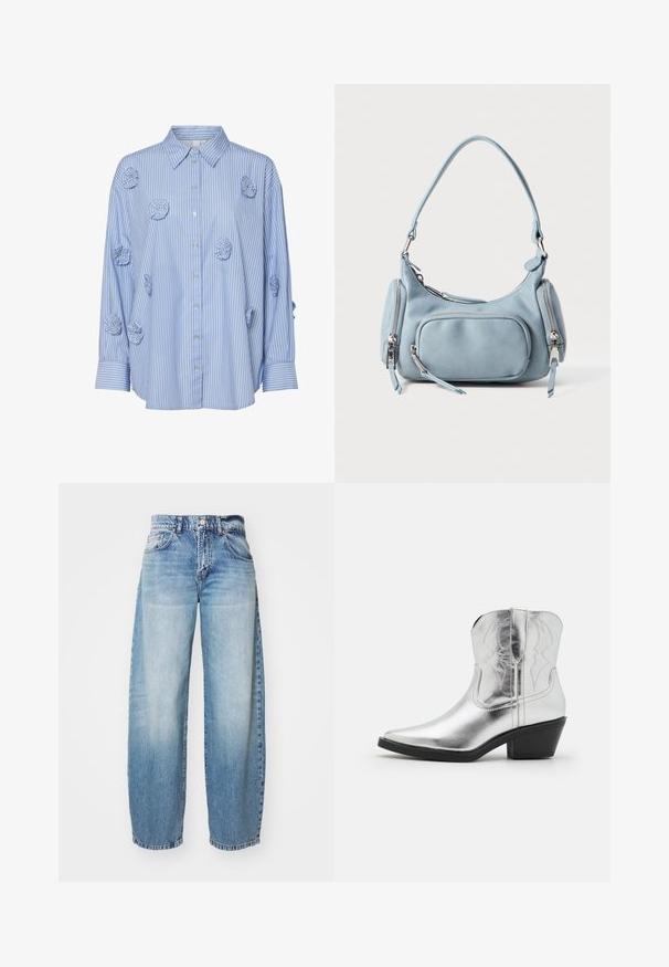 Camisa de rayas azul y blanca con cuello, adornada con aplicaciones de rosas de tela y mangas largas, fabricada en material de algodón ligero.; Jeans de pierna ancha en color azul claro con un acabado desgastado, cinco bolsillos y cierre de botón. La tela es denim, con costuras clásicas y un corte relajado.; Botas de vaquero de cuero plateado con puntera afilada, detalles bordados en el eje y un tacón negro moderado. Superficie lisa y brillante.; Bolso de mano de cuero azul claro con forma redondeada, dos bolsillos con cremallera, un asa corta y acentos de hardware en plata. Textura suave.